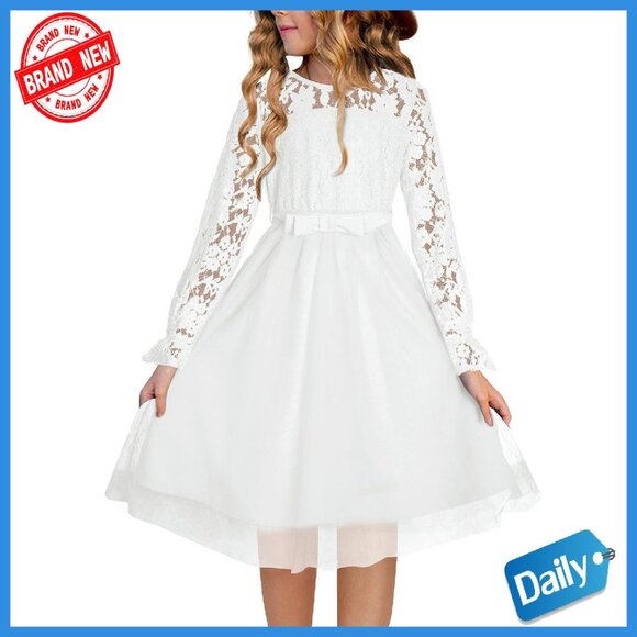 Girls Lace Tulle Party Dress Long Sleeve Bow Belt 6-15 Years